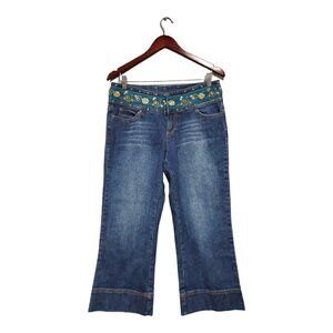 Cache Women's Cropped Straight Legged Capri Jeans Green Jeweled Denim Sz 8